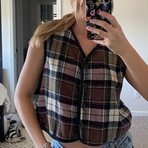 Vintage Y2K Plaid Corduroy‎ Trimmed Wool Blend Fleece Vest